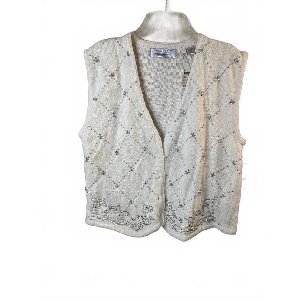 Vintage Karen Scott Off-White Sweater Vest Beaded Embroidered Silk Blend Large - Picture 1 of 11